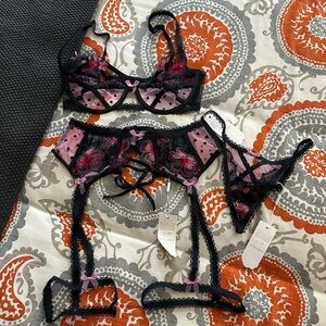 For Love And Lemons Black and Pink Sheer Embroidered Lingerie Set